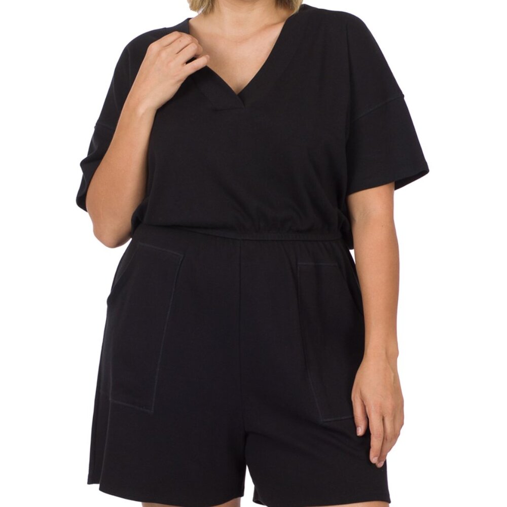 Zenana Plus Size Black V‑Neck Romper with Pockets 1X